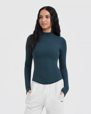 Oner Active Mellow Rib Mock Neck Long Sleeve T-shirt Blå | FEKN-96401