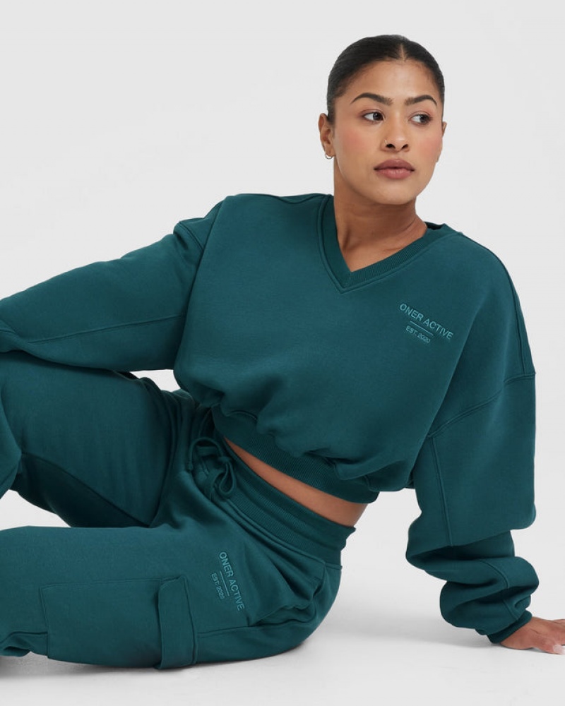 Oner Active All Day Est 2020 Crop V-Neck Tröjor Blå Turkos | MXWQ-34687