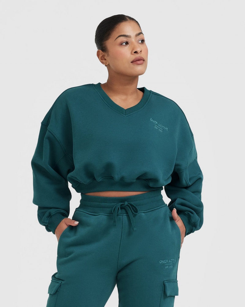 Oner Active All Day Est 2020 Crop V-Neck Tröjor Blå Turkos | MXWQ-34687