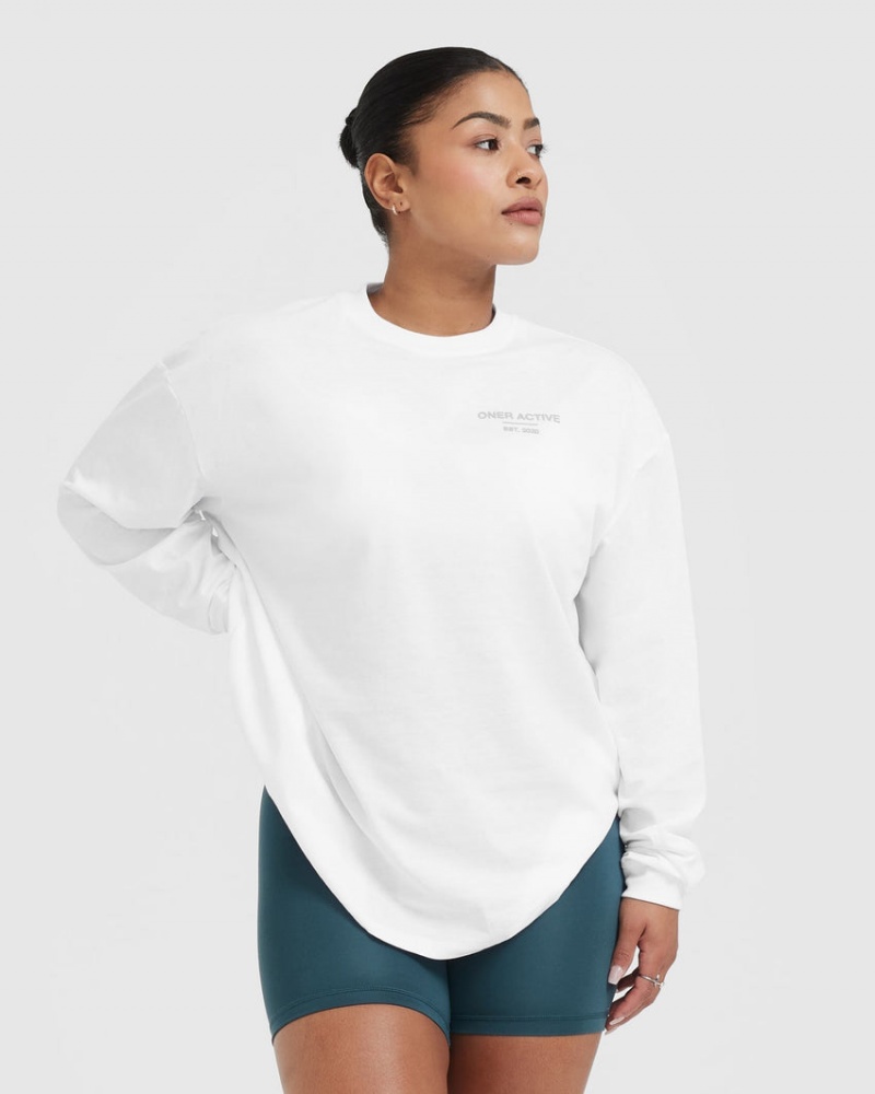 Oner Active Klassiska Lifters Tryck Oversized Lätta Long Sleeve T-shirt Vita | TNSH-41380