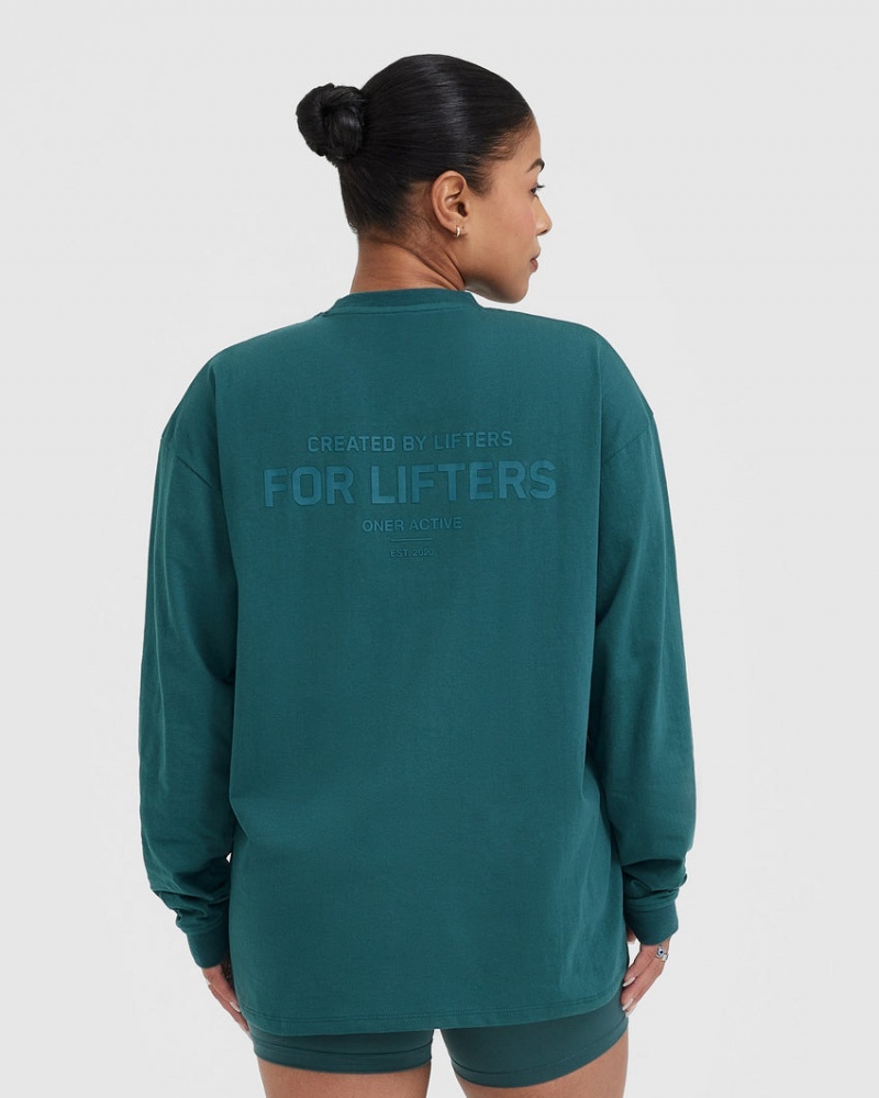 Oner Active Klassiska Lifters Tryck Oversized Lätta Long Sleeve T-shirt Blå Turkos | RKDH-40612