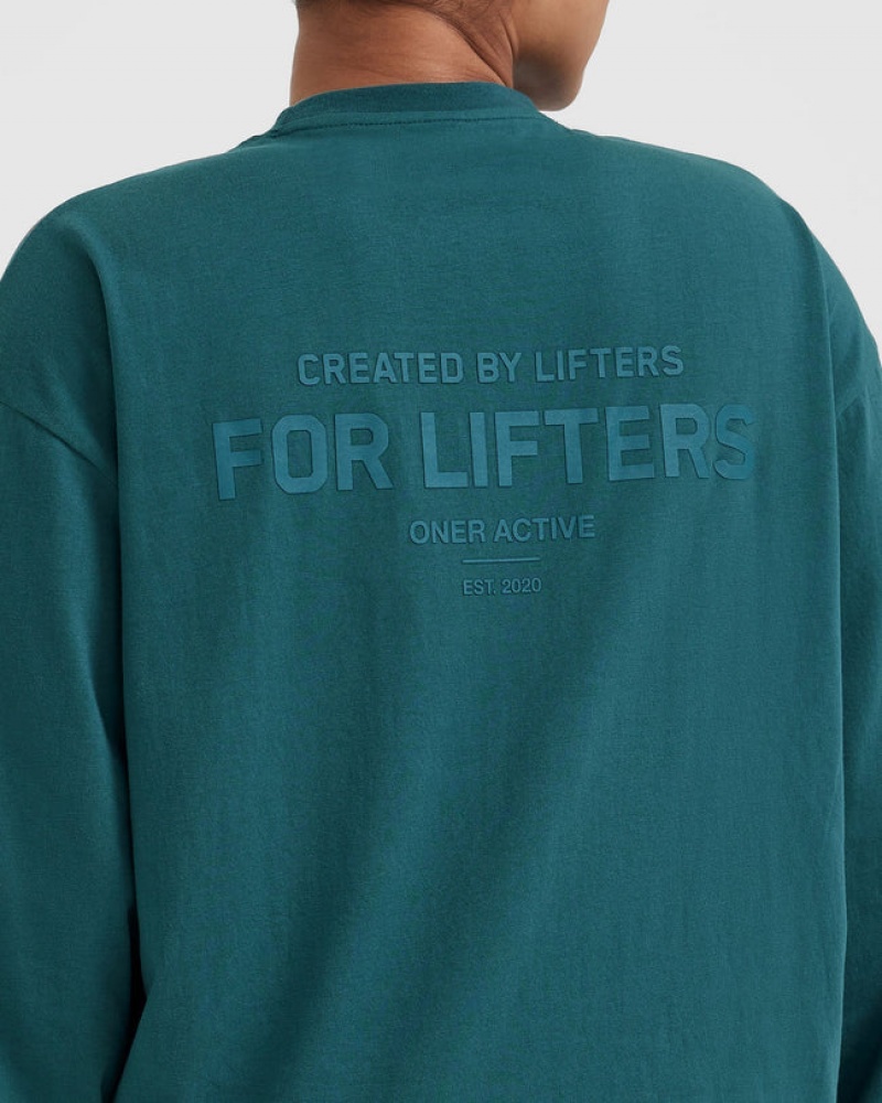 Oner Active Klassiska Lifters Tryck Oversized Lätta Long Sleeve T-shirt Blå Turkos | RKDH-40612