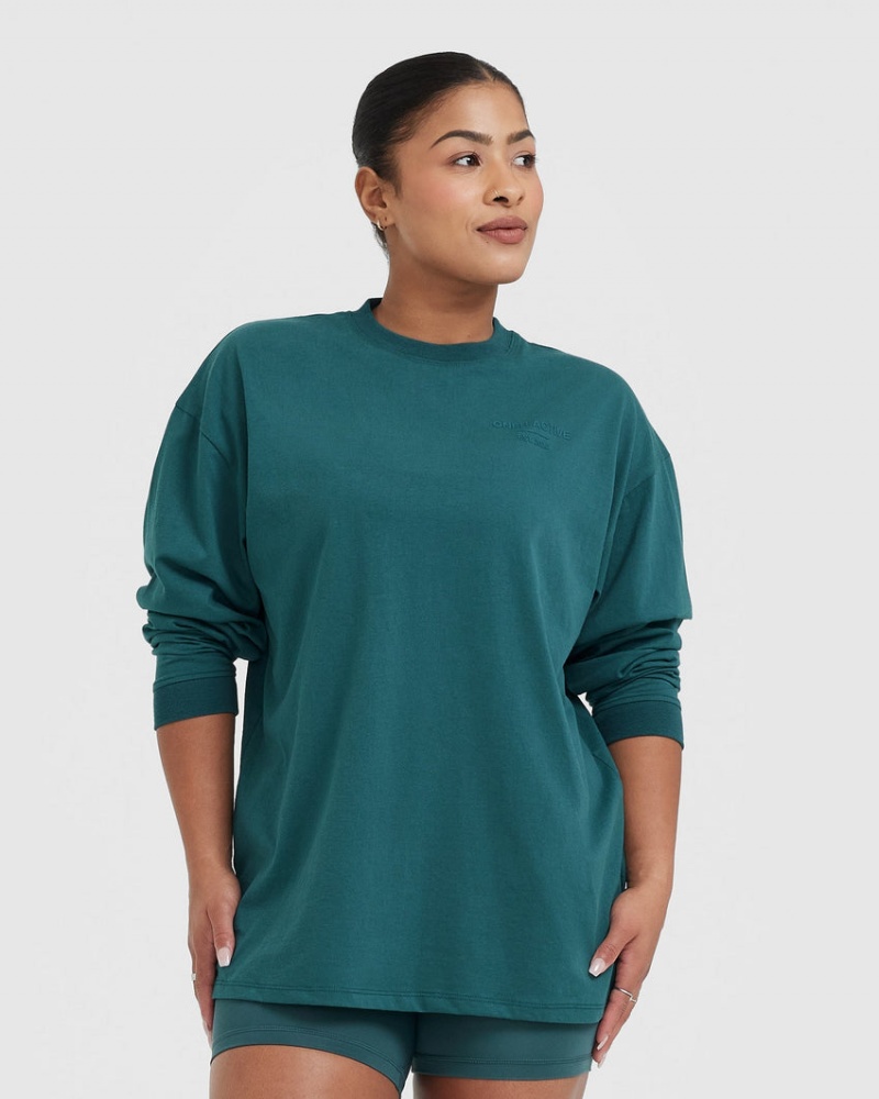 Oner Active Klassiska Lifters Tryck Oversized Lätta Long Sleeve T-shirt Blå Turkos | RKDH-40612