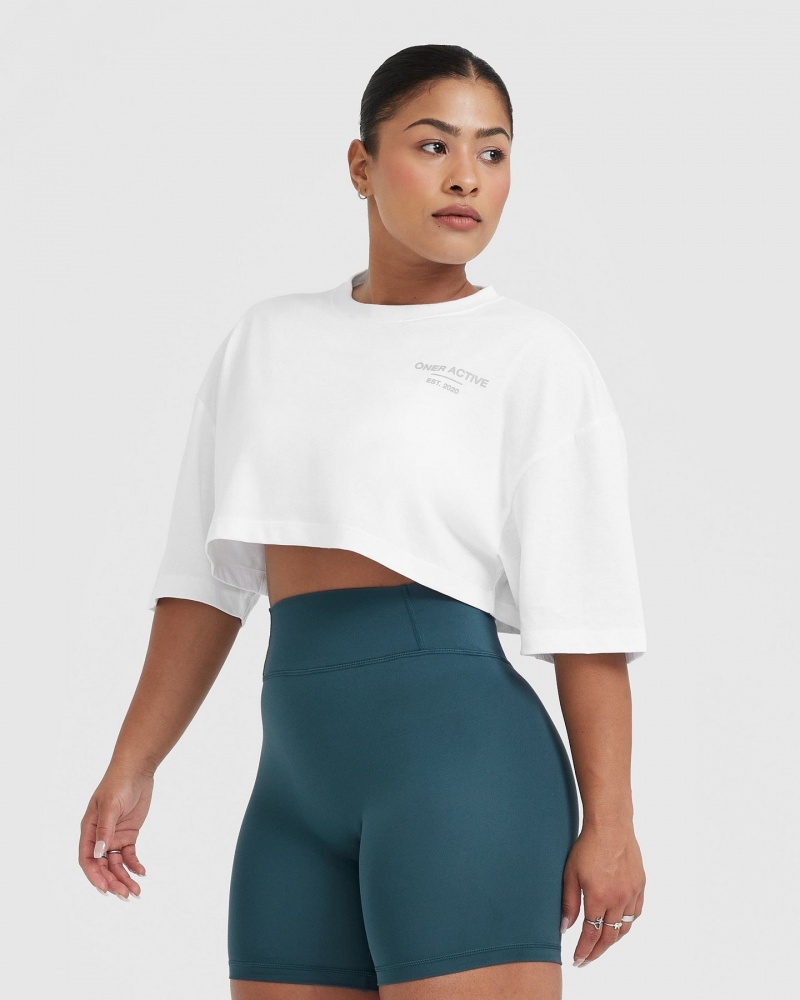 Oner Active Klassiska Lifters Tryck Relaxed Crop Lätta T-shirt Vita | YUTW-60473