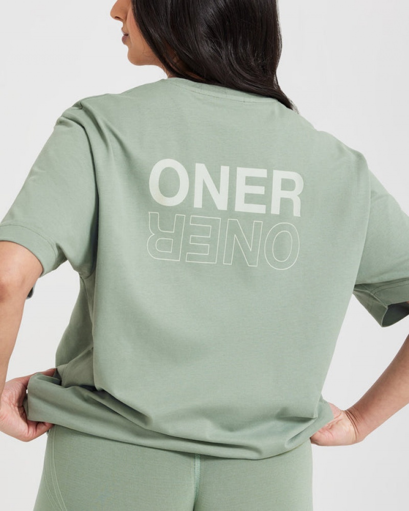 Oner Active Klassiska Mirror Tryck Oversized T-shirt Olivgröna | RJNF-81972